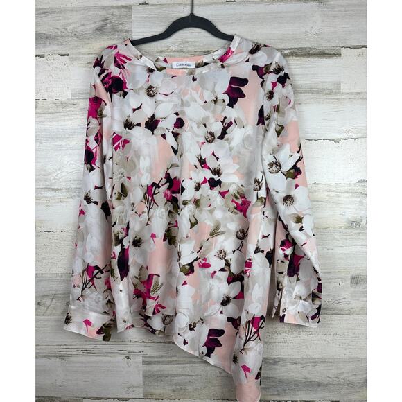 Calvin Klein womens medium Chiffon floral Blouse Roll Tab Sleeve Asymmetrical - Picture 1 of 5